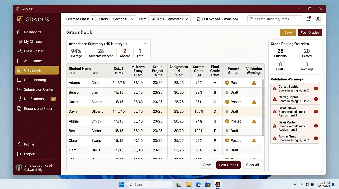 Desktop app login and grading preview