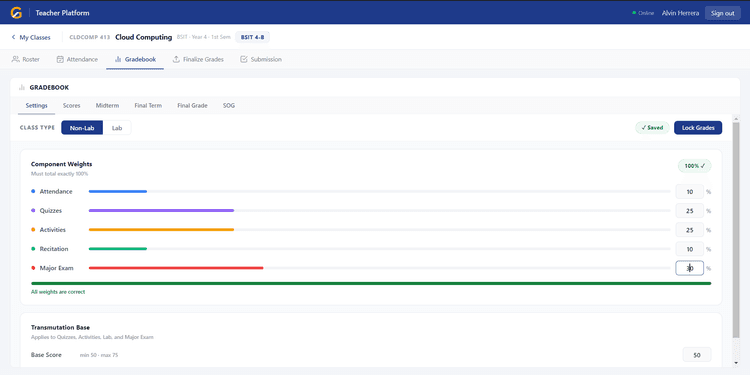 Gradebook — component weight settings