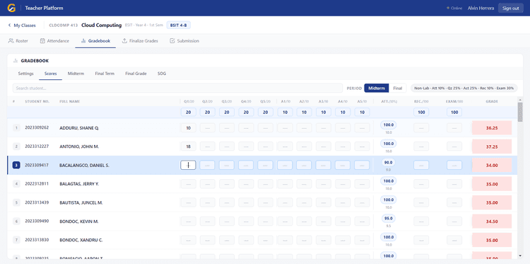Gradebook — quiz, activity, and exam scores