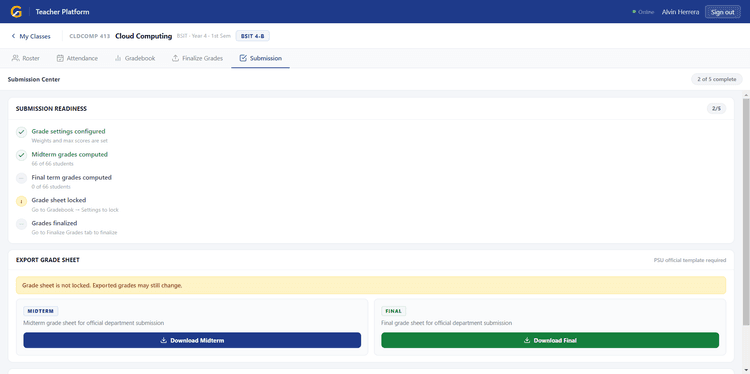 Submission Center — grade sheet export