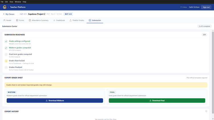 Submission Center — grade sheet export