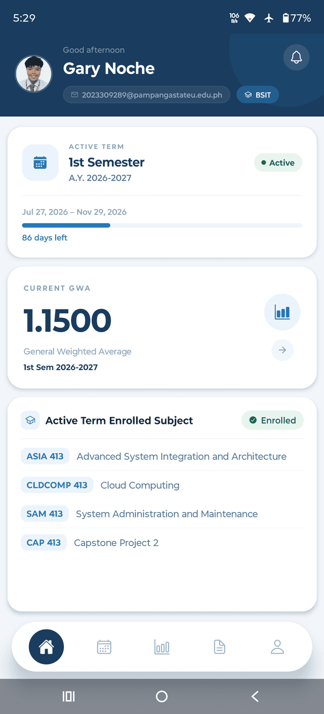 Student home — GWA and active term overview