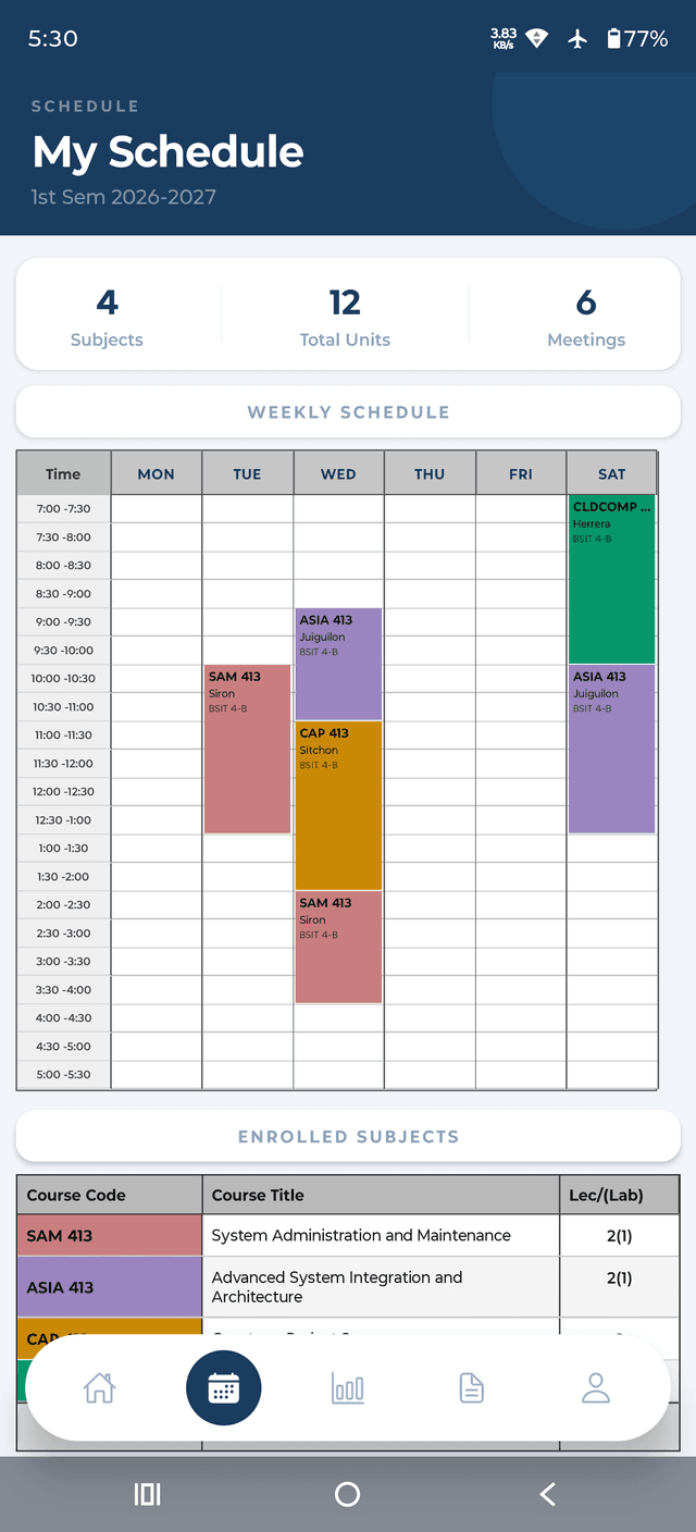 My Schedule — weekly class timetable