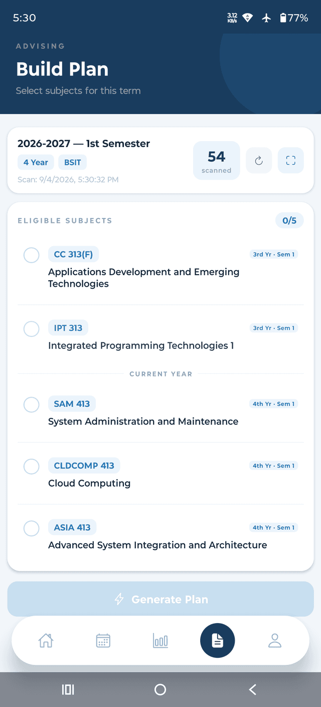 Build Plan — advising subject selection