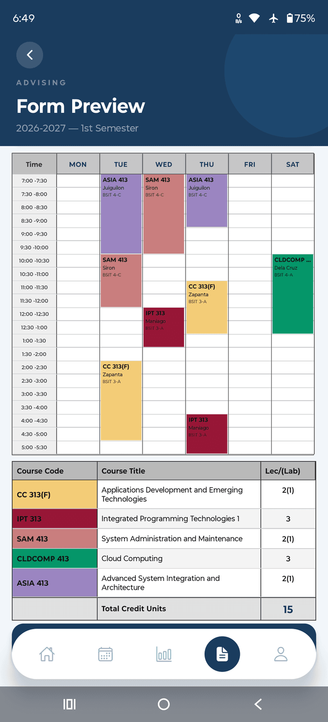 Advising Form Preview — schedule and total units